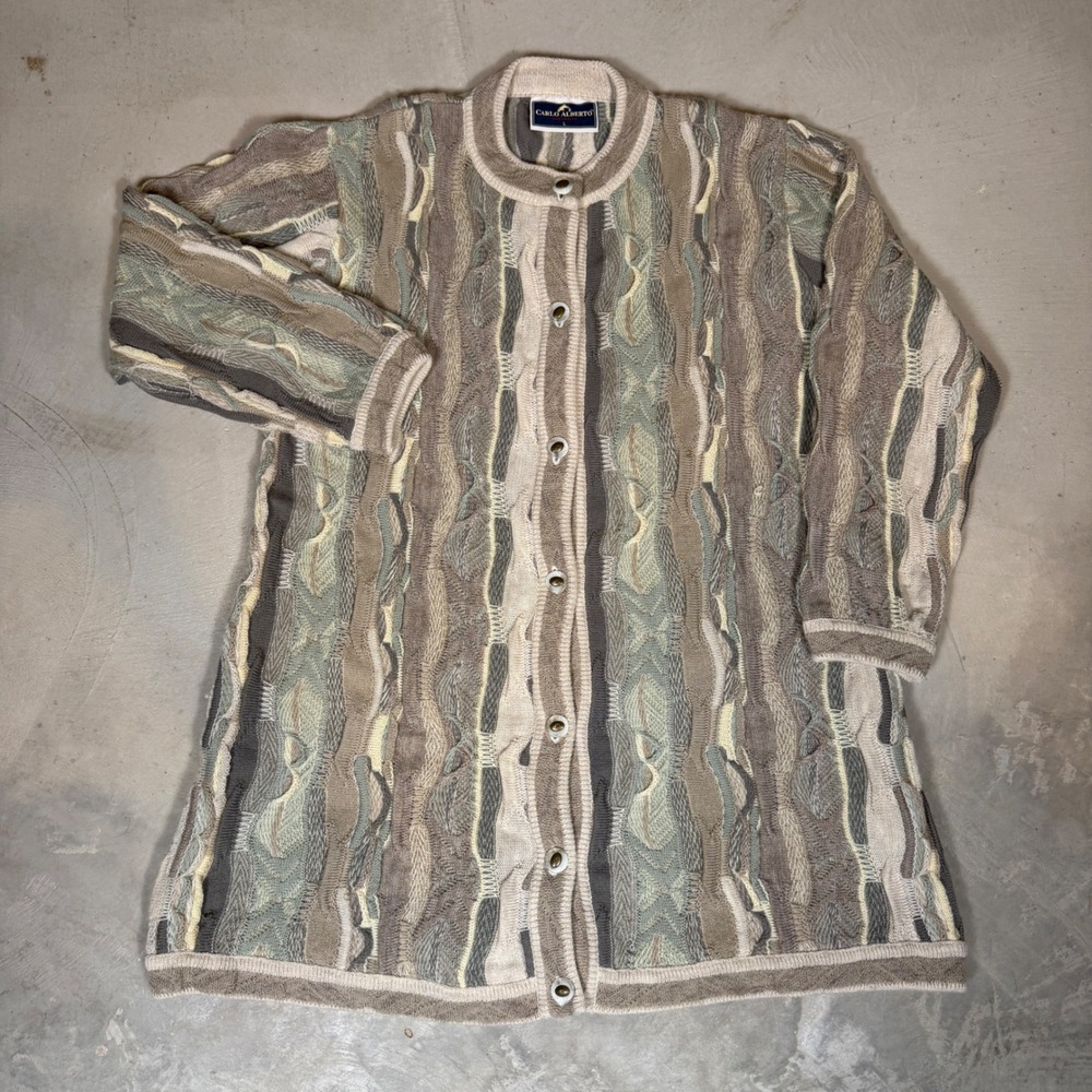 Carlo Alberto Australia 3D Knit Wool Cardigan Sweater Mens Large Grey neutral
